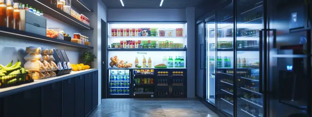 a sleek and modern office pantry stocked with a variety of snacks and drinks - managed pantry by munch vending.