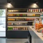 a modern workspace break room with a variety of healthy snacks and drinks available in a sleek micro market vending area.