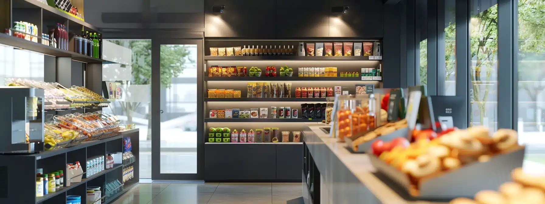 a modern workspace break room with a variety of healthy snacks and drinks available in a sleek micro market vending area.