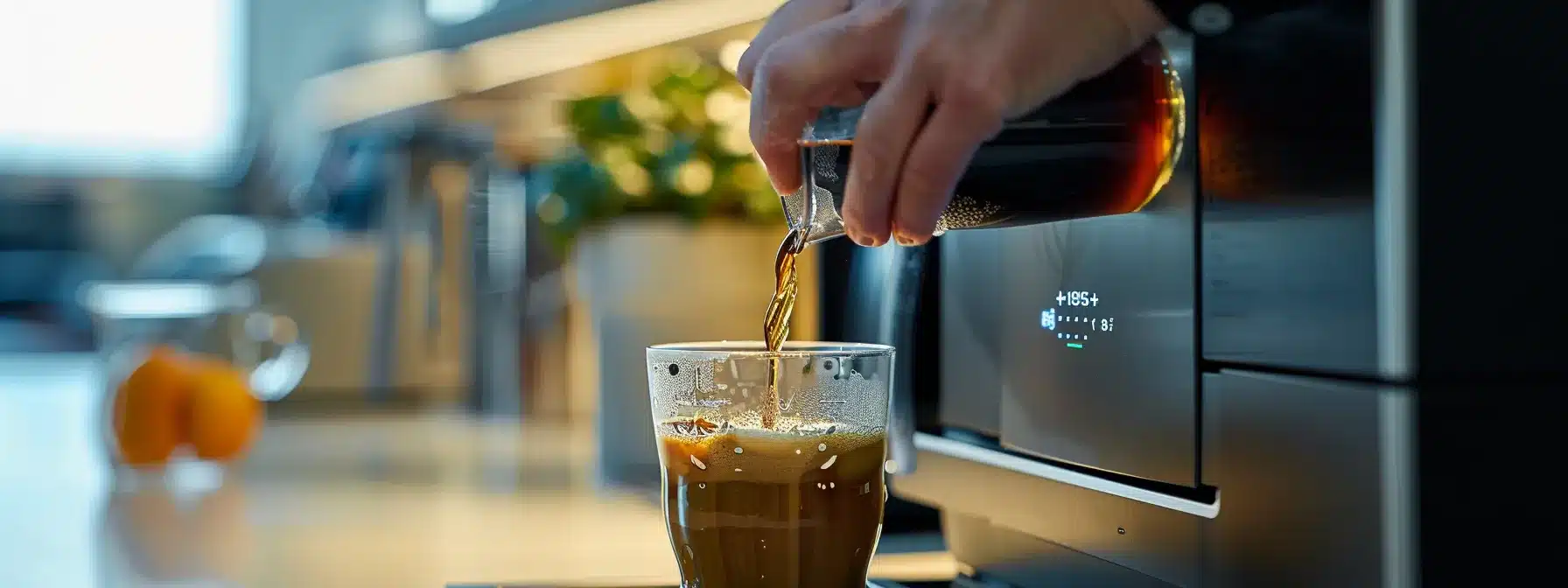 a person pouring a cup of coffee from a coffee machine in an office break room, provided by mucn vending coffee service