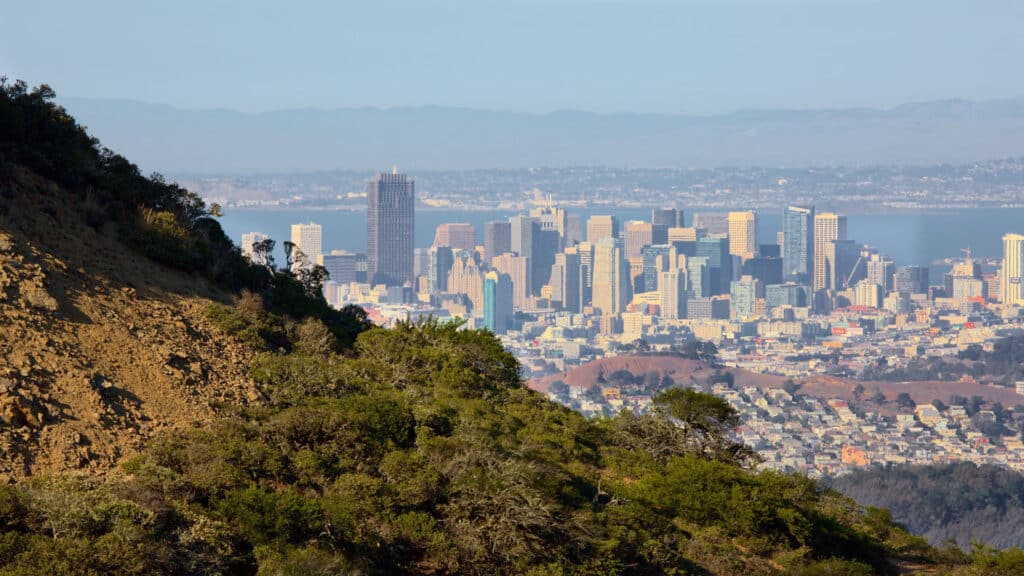 brisbane, ca - aerial view towards san francisco - vending in brisbane - munch vending