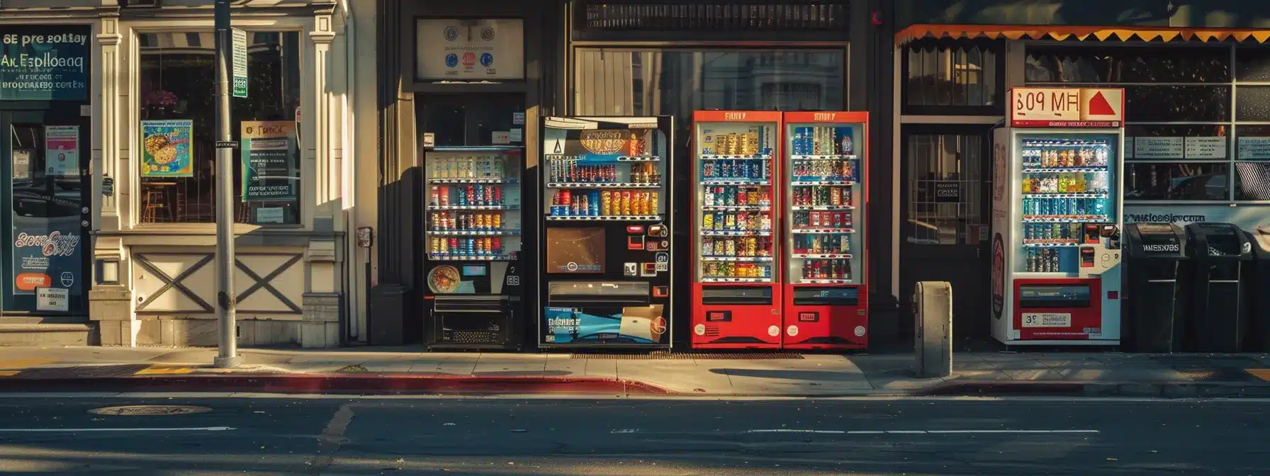 a row of vending machines on a busy street in san francisco.