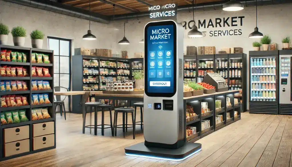 vending machine services, micro market services - image showing a micro market and a checkout kiosk and vending machines in background - munch vending