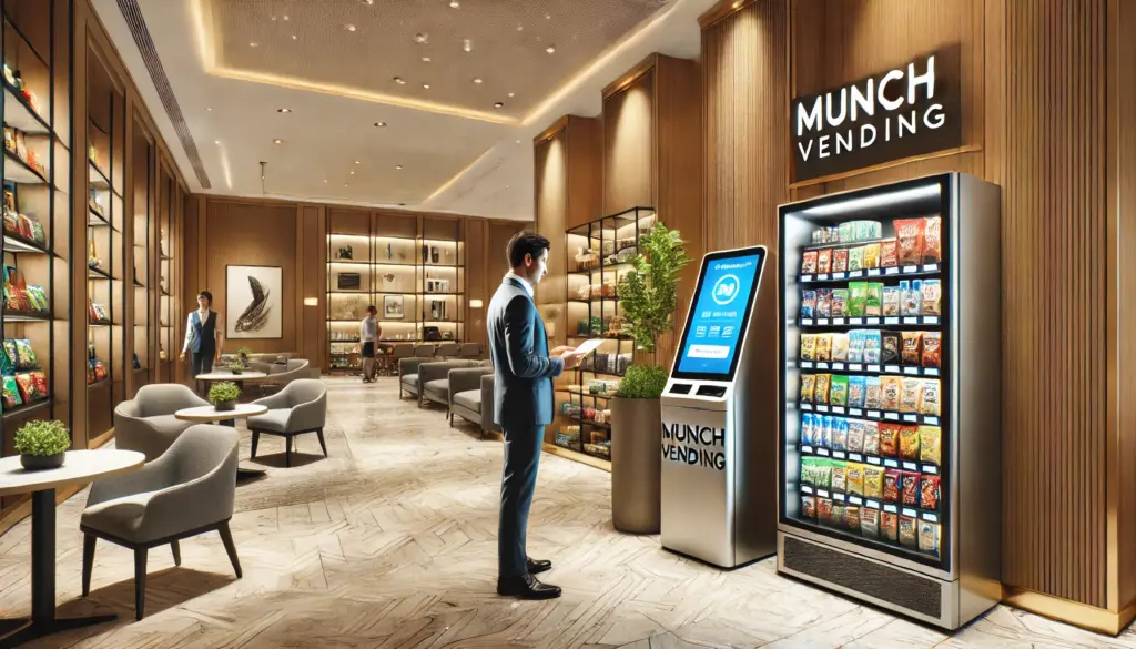 micro market in hotel lounge with checkout kiosk