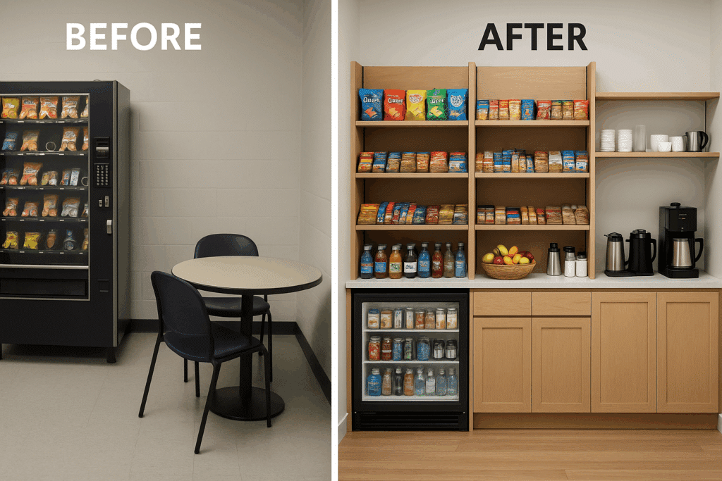 Vending machine replaced by modern organized pantry service.