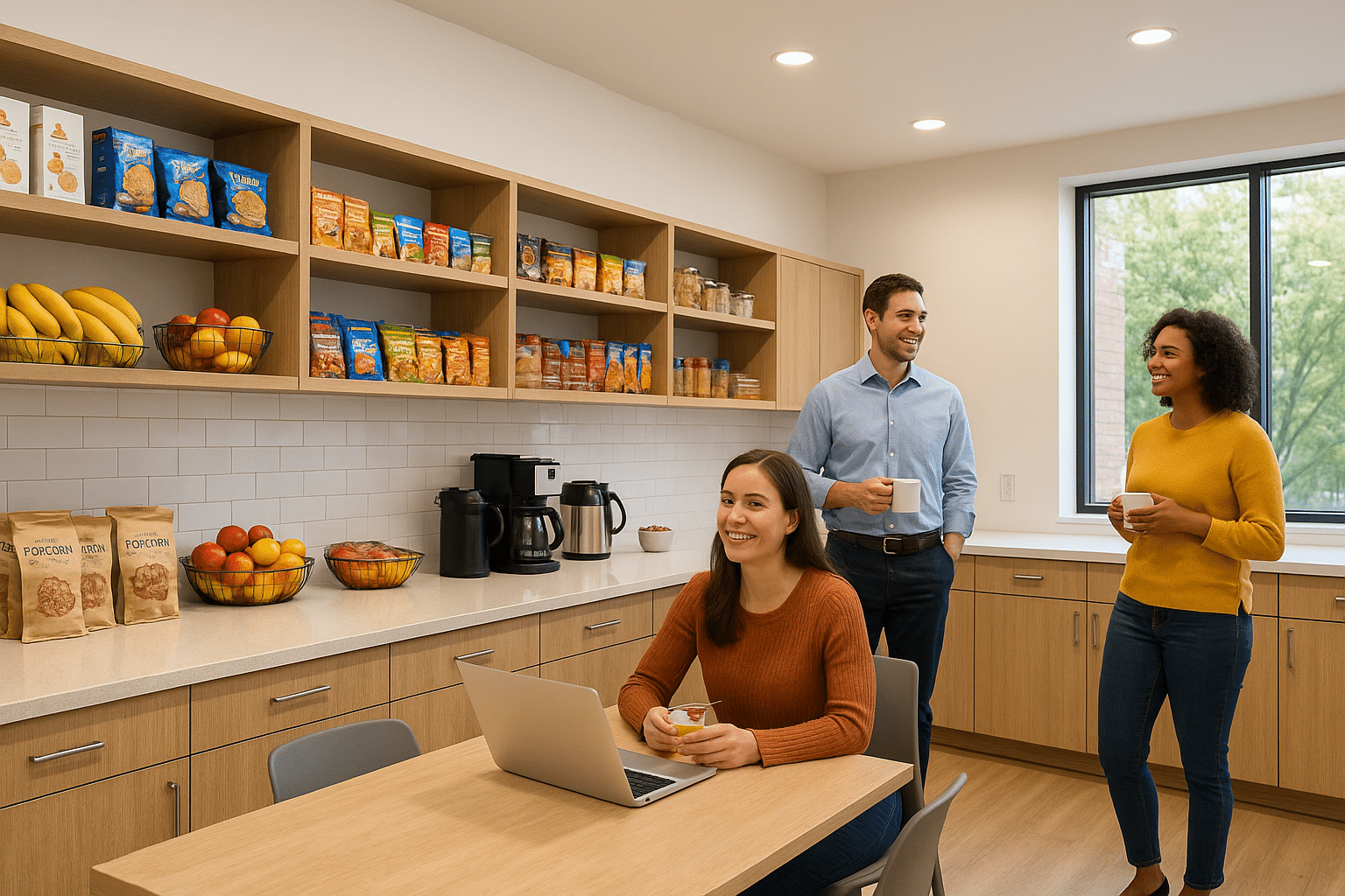 Customized Pantry Service - Bright break room with snacks and coffee.