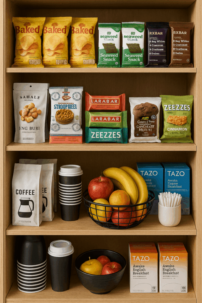 Neatly arranged snacks and beverages.