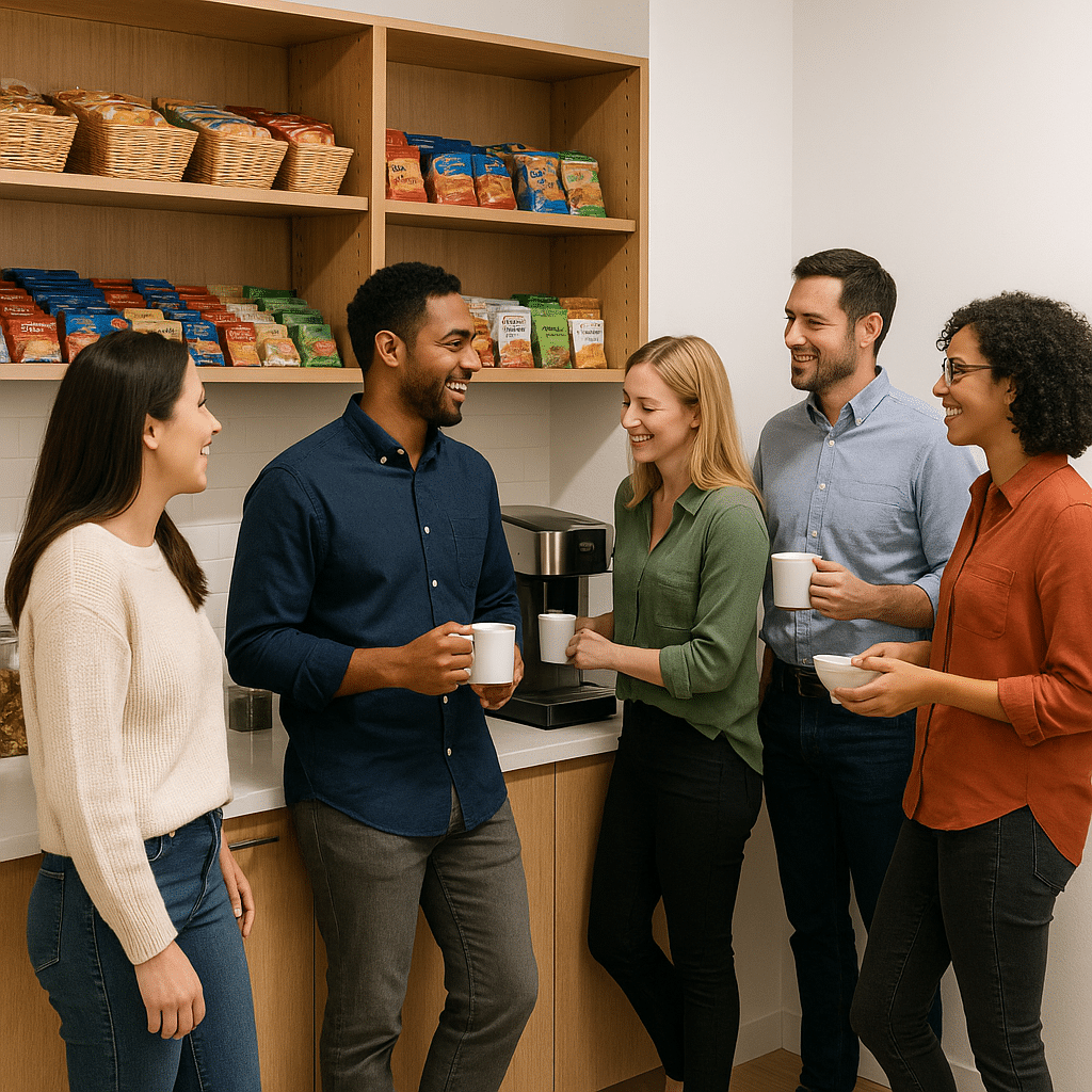 Group enjoying refreshments in break room.